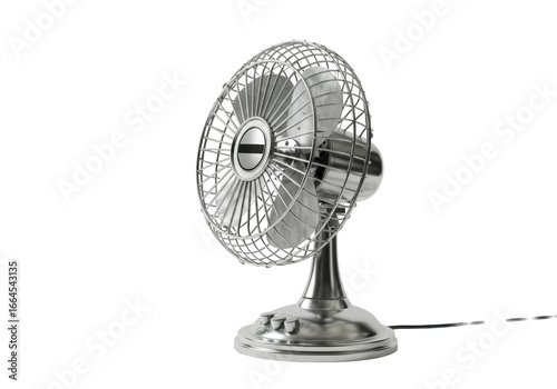 A pristine, retro-style metallic desk fan with shiny silver blades and control knobs on a transparent studio background with negative space, concept of enduring quality and timeless design