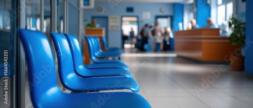 A row of empty blue chairs in a bright, clean waiting area with people and a reception desk in the background