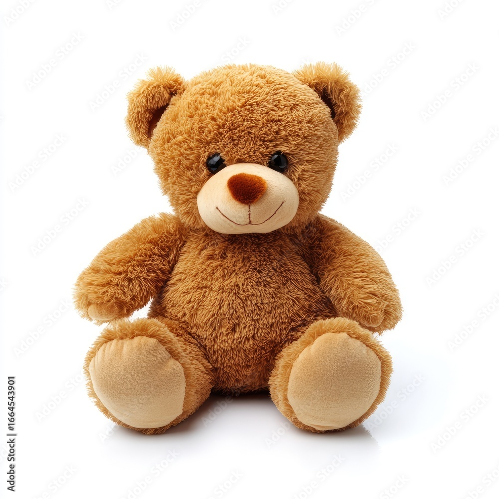 Obraz premium Brown teddy bear, seated, against white