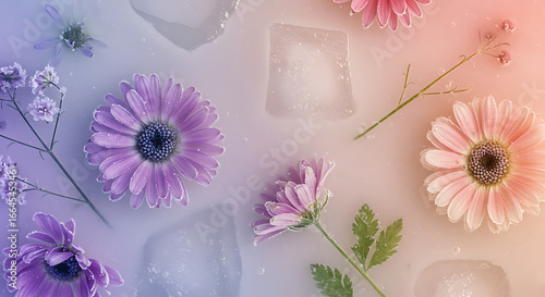 Pastel Flowers and Ice Cubes on Soft Background