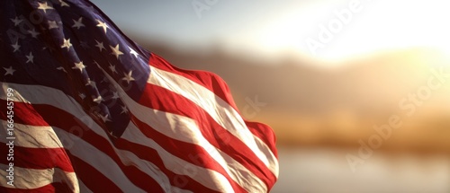 Fototapeta Naklejka Na Ścianę i Meble -  The American flag waving in the golden sunset over calm waterfront horizon