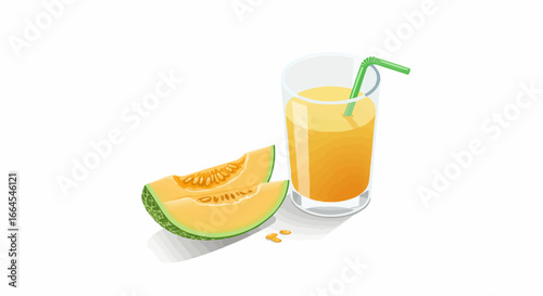 Vibrant Cantaloupe Juice Glass with Melon Slices, Seeds, and Straw. Refreshing Summer Fruit Drink Illustration.