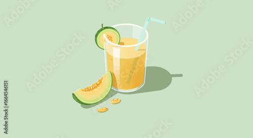 Refreshing Cantaloupe Melon Juice Drink Illustration with Fruit Slices and Straw on Light Green Background