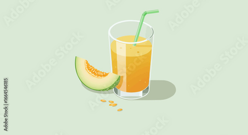 Fresh Melon Juice in Glass with Slice and Straw Illustration on Light Green Background