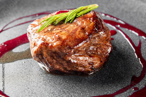 Schilderij op canvas Close-up of medium-rare filet mignon steak with rosemary garnish and red wine sa