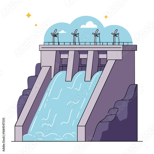Stylized Hydroelectric Dam with Flowing Water and Wind Turbines Renewable Energy Illustration.