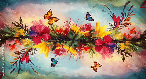 Vibrant Floral Watercolor with Butterflies and Reflection