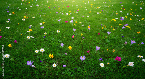 Vibrant Wildflowers Blooming in Lush Green Grass