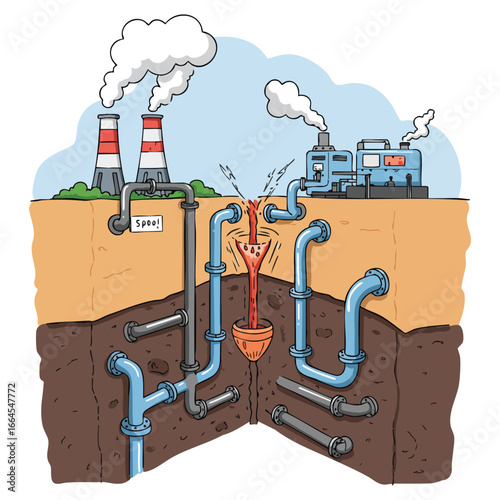 A cartoon illustration of industrial factories polluting the ground with chemical waste through a network of underground pipes.