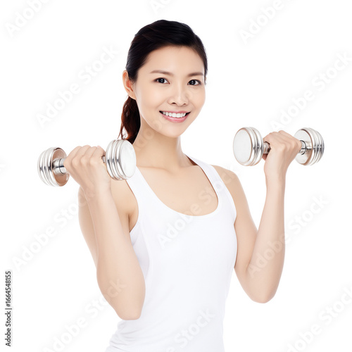 Japanese woman training with dumbbells isolated on transparent or white background, png