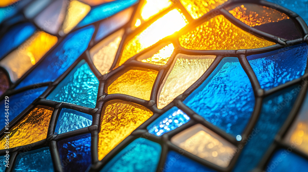 Close-up of stained-glass window with abstract blue and gold fragments, glowing softly, symbolizing divine mercy Close-up of stained-glass window with abstract blue and gold fragments, glowing softly, symbolizing divine mercy