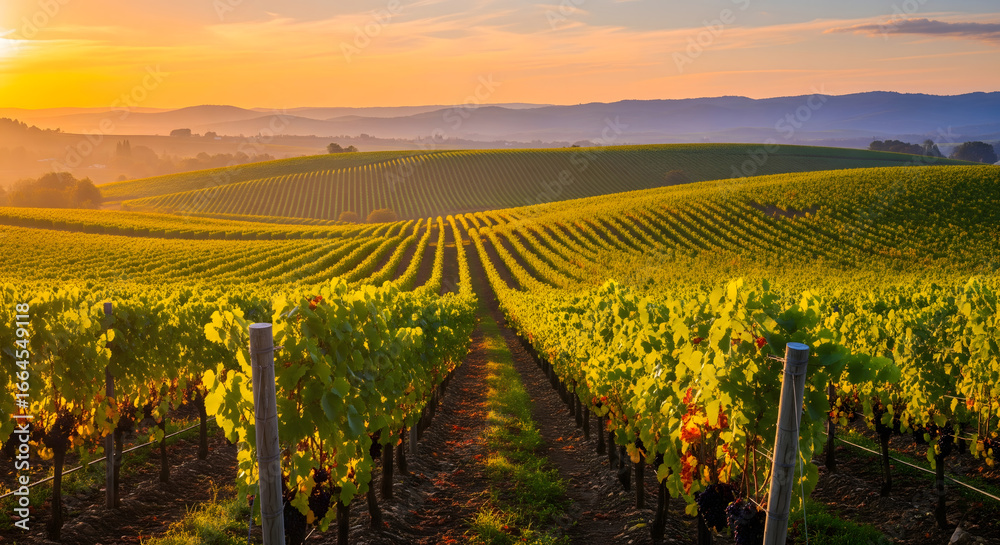 Fototapeta premium A serene and picturesque landscape of a vineyard at sunset, with rolling hills of grapevines and golden light shining through the leaves