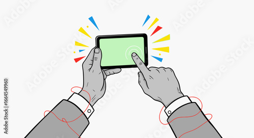 Engaging with technology, hands interact with a vibrant mobile screen, signaling digital connection and modern engagement.