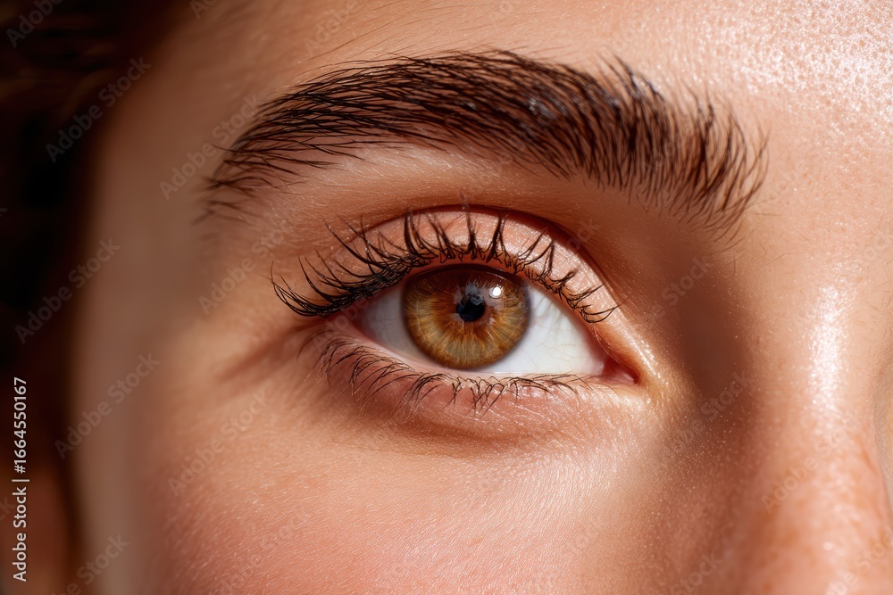 Obraz premium A close-up of a human eye with brown iris, long eyelashes, and well-groomed eyebrow, highlighting skin texture and natural beauty