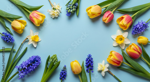 Spring Flowers Frame, Blue Background, Overhead View