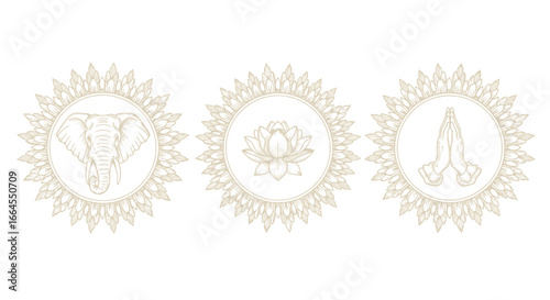 Three spiritual symbols: elephant, lotus, and praying hands in mandala style.