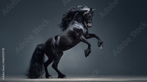 a black horse standing on its hind legs