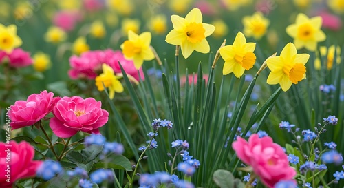 Spring's Vivid Symphony: Daffodils and Roses