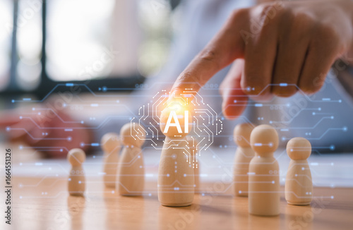 AI technology in business concept, Customer Relationship Management, Executive's select Human Resource Businessman with wooden people ai working together or Hr choosing people with ai knowledge