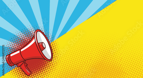 Spread your message with this vibrant pop art megaphone graphic on a dynamic blue and yellow backdrop