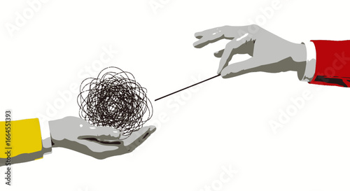 Business hand unraveling chaotic thinking, solving complex problems with focus and clarity, modern concept