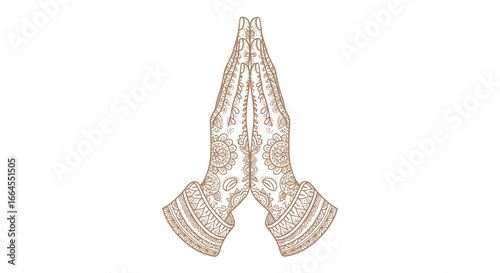 Elegant henna hands in prayer pose conveying peace and tranquility for spiritual or cultural designs