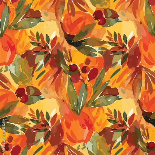 Seamless Pattern, Watercolor floral pattern with vibrant autumn colors and abstract design elements Stock royalty free