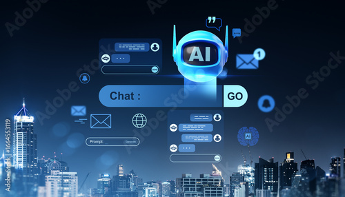 Wallpaper Mural Futuristic chatbot interface concept with AI robot and digital communication icons on cityscape background at night. Torontodigital.ca