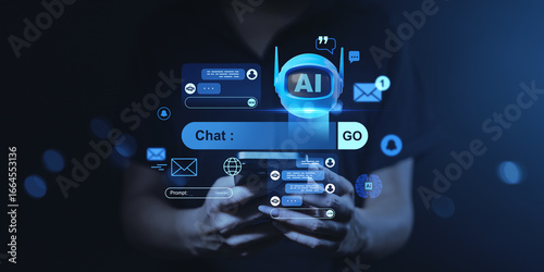 Wallpaper Mural Hands holding smartphone with floating futuristic chatbot interface and glowing AI elements on dark blue background, representing digital conversation concept. Torontodigital.ca