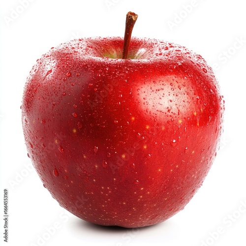 Single red apple, covered in water droplets, against a white background