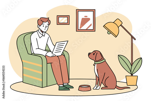 Vector illustration of man reading document at home with dog waiting by bowl