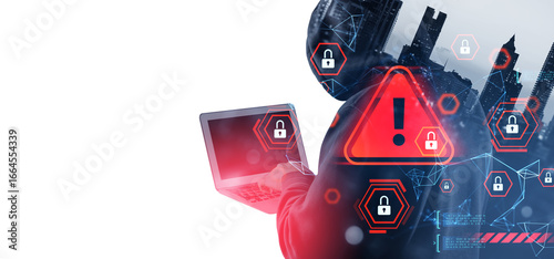 Foto Cybersecurity threat concept with hacker using laptop and red warning symbols over double exposure of city skyline and digital lock icons on white background