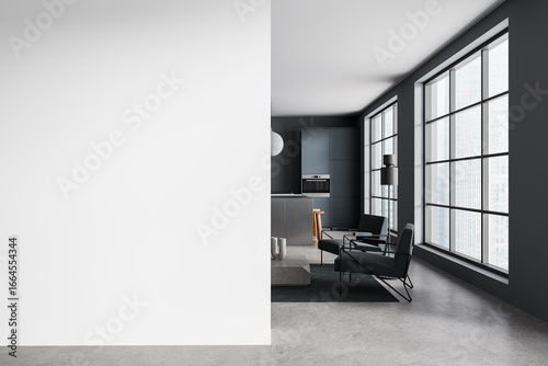 Modern interior design with blank wall mockup and stylish furniture in bright apartment living room with large windows and concrete flooring. 3D Rendering