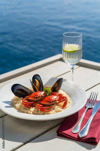 Fresh seafood risotto with mussels and crab served with champagne oceanside dining