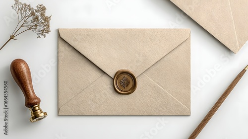 Flatlay of a neutral colored card and envelope with a wax seal