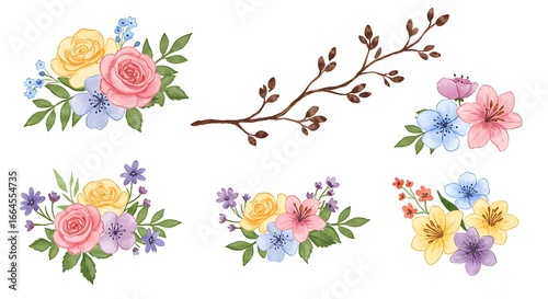 Pastel Watercolor Floral Elements: Spring Bouquet Designs