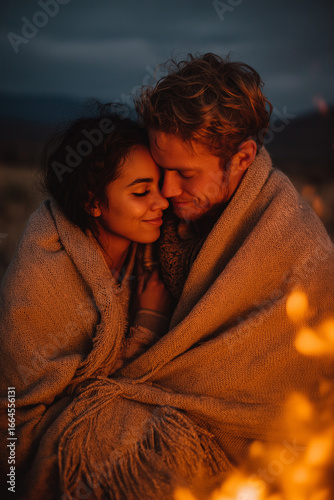 Close-up of a loving couple wrapped in a blanket by a campfire at dusk. Cinematic warm light, intimate mood. Concept of romance, connection and cozy outdoor lifestyle for travel ads