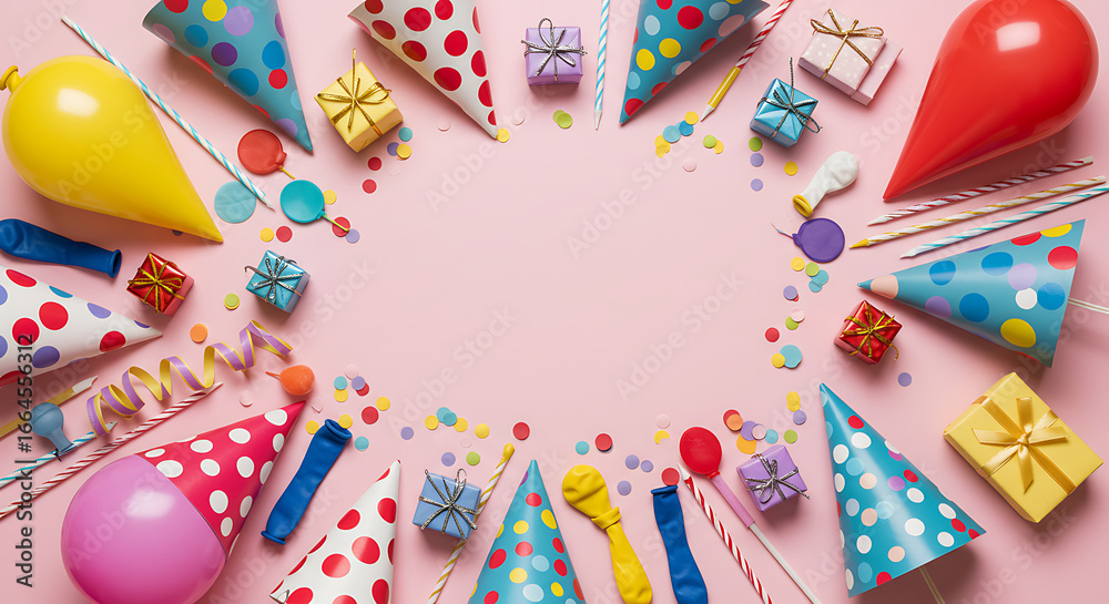 Obraz premium Colorful Party Supplies Frame on Pink Background