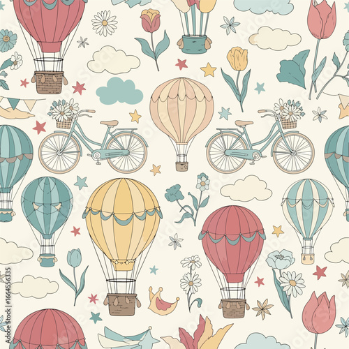 Seamless Pattern, Whimsical pattern featuring hot air balloons, bicycles, and floral elements Stock royalty free image.