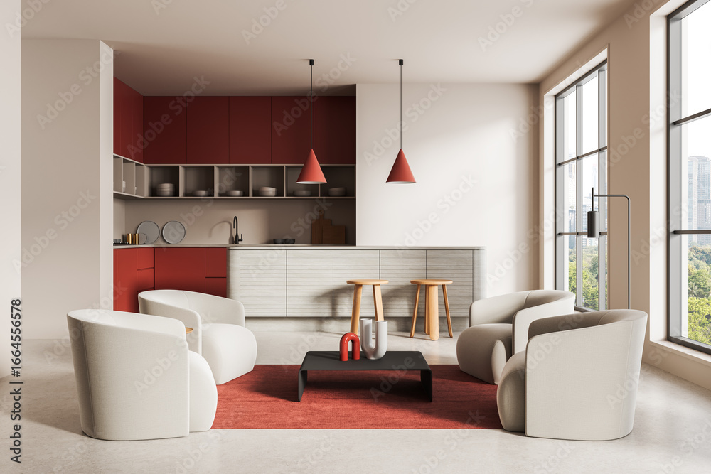 Fototapeta premium Modern minimalist living room and kitchen interior design with red accents, soft neutral chairs, and panoramic city view windows. 3D Rendering