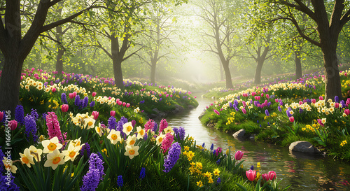 Spring Stream, Blooming Meadow, Sunlight