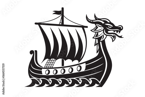 Monochrome Viking Ship with Dragon Head Sailing on Rough Seas & White Background