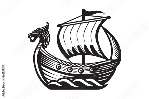 Classic Monochrome Viking Ship with Dragon Head, Vector,White Background