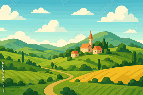 Summer panoramic village landscape with green hills and fields. Rural countryside scenery with farm houses and church. Modern flat vector cartoon illustration for nature or travel.