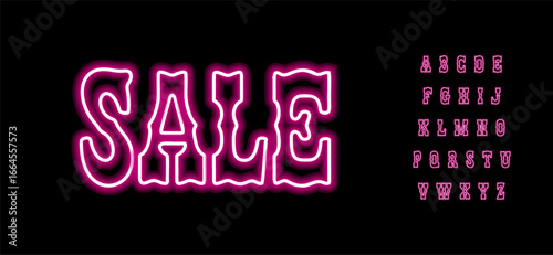 Pink neon alphabet, saloon outline letters, bold retro western font for shop banner, sexshop sign, sale poster, nightlife ad, promo headline, las vegas luminous typographic design. Vector typeset