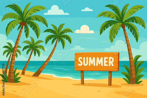Vector illustration of a tropical beach with palm trees and a wooden summer sign. Paradise island landscape for vacation background. Seascape with sand, ocean, and sky.