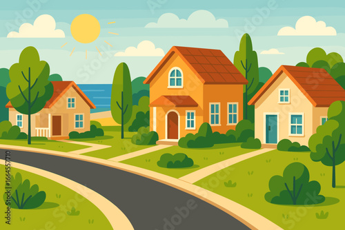 Sunny suburban neighborhood by the sea. Vector illustration of a beautiful street with cozy houses and trees. Real estate property concept. Summer town landscape with a road.