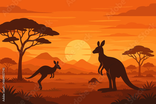 Australian landscape with kangaroo family silhouette at sunset. Vector illustration of wild nature in Australia's outback. Scenic savannah with mountains and acacia trees.