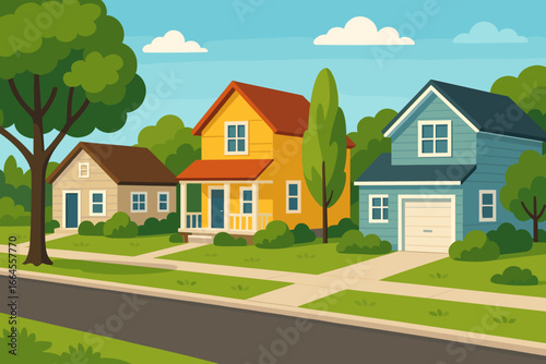 Suburban street landscape with cute colorful houses, green lawns, and trees. Vector illustration of a beautiful residential neighborhood. Real estate, property, and idyllic family home concept.