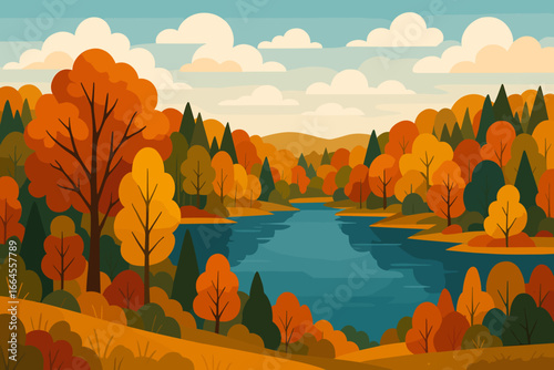 Autumn forest landscape with a lake and colorful trees. Vector illustration of a scenic fall view. Nature background for banner, poster, or web. Modern flat cartoon style.